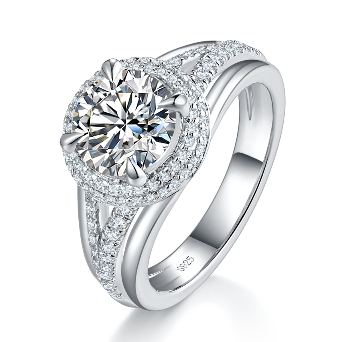 Light luxury Y-arm round bag women's ring S925 silver plated platinum customized selection main stone Moissanite 2.0ct/Side Stone Cubic Zirconia