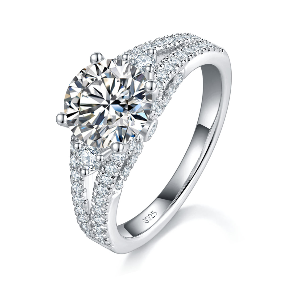 Light Luxury Full Diamond Y-Arm Three Stone Women's Ring S925 Silver Plated Platinum Customized Selection Main Stone Moissanite 2.0ct/Side Stone Cubic Zirconia