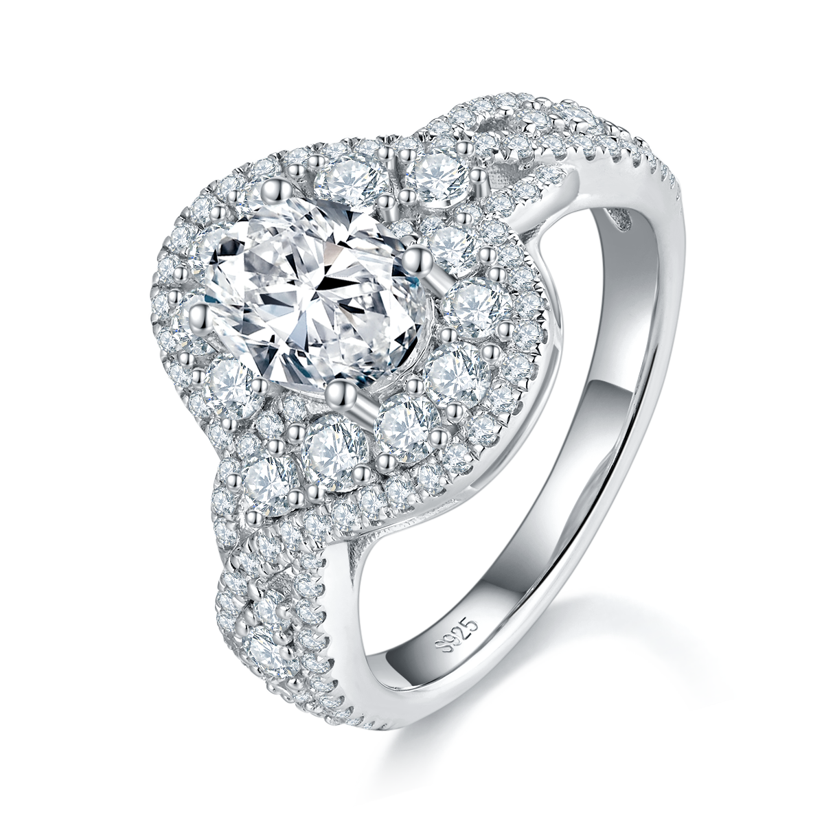 Light Luxury Full Diamond Twisted Arm Round Bag Oval Women's Ring S925 Silver Plated Platinum Customized Selection Main Stone Moissanite 1.5ct/Side Stone Cubic Zirconia