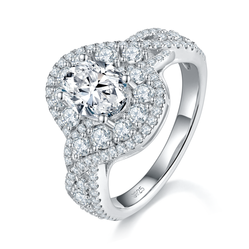 Affordable Luxury满钻扭臂圆包蛋形Women's RingS925银镀白金定制选款主石Moissanite1.5ct/副石高碳钻