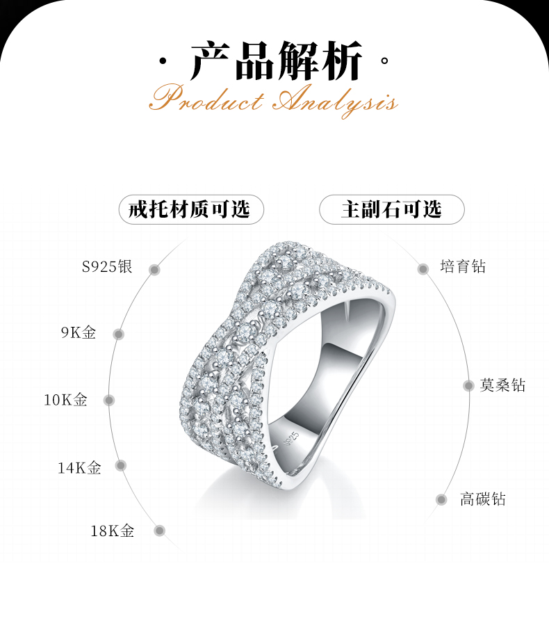 X形交叉满钻镂空排戒女戒S925银镀白金定制选款副石莫桑钻0.96ct - 2