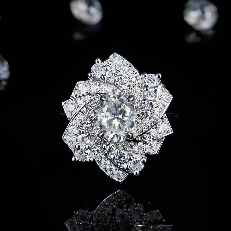 山茶花蛋形满钻Women's RingS925银镀白金定制选款主石Moissanite1.5ct/副石高碳钻