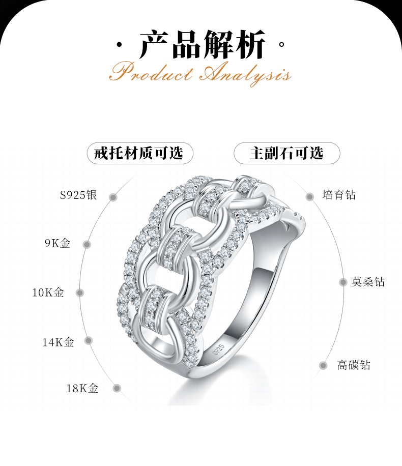 环环相扣排戒女戒S925银镀白金定制选款副石莫桑钻0.52ct - 2
