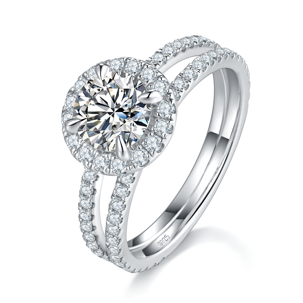 双臂圆包女戒S925银镀白金定制选款主石莫桑钻1.0ct/副石高碳钻
