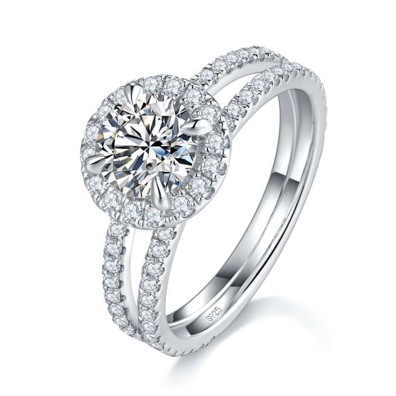 双臂圆包Women's RingS925银镀白金定制选款主石Moissanite1.0ct/副石高碳钻