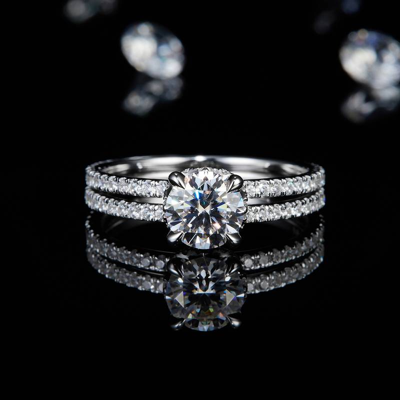 双臂四爪圆钻S925银镀白金定制选款主石莫桑钻1.0ct/副石高碳钻