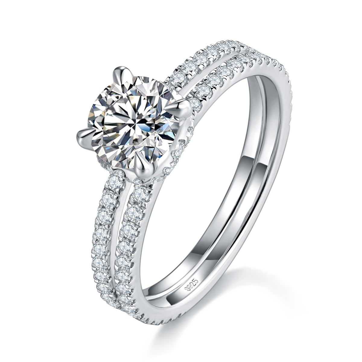双臂四爪圆钻S925银镀白金定制选款主石莫桑钻1.0ct/副石高碳钻