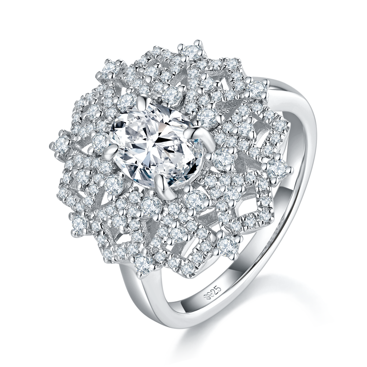 Full Diamond Hollow Women's Ring S925 Silver Plated Platinum Customized Selection Main Stone Moissanite 1.0ct/Side Stone Cubic Zirconia