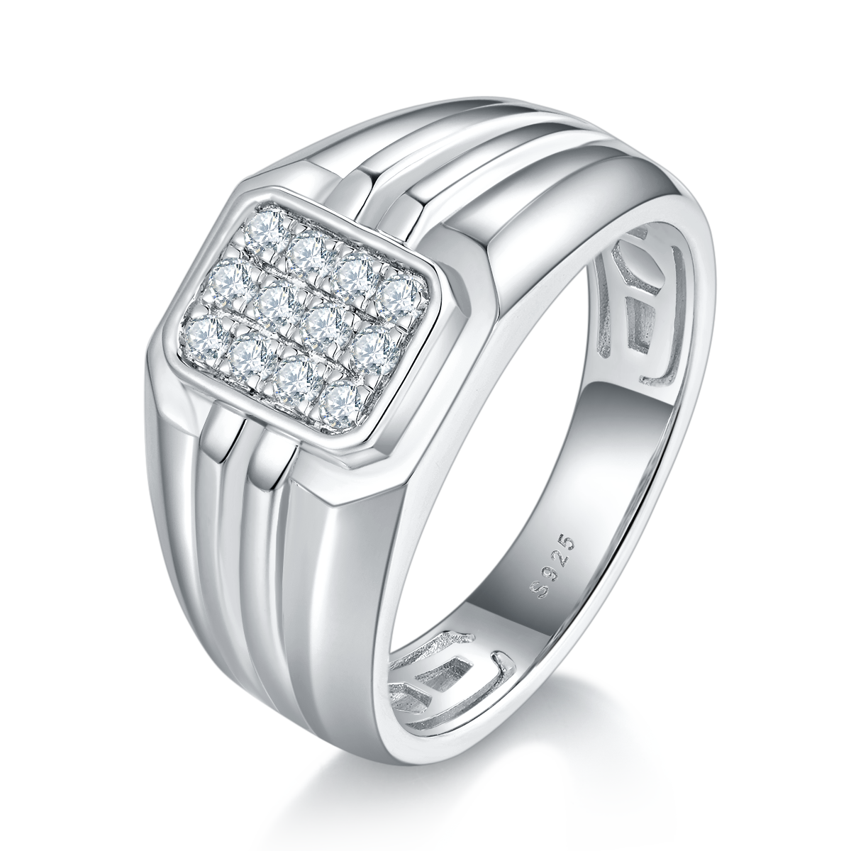 轻奢碎钻男戒S925银镀白金定制选款副石莫桑钻0.27ct