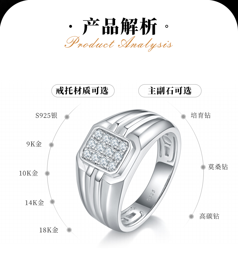 轻奢碎钻男戒S925银镀白金定制选款副石莫桑钻0.27ct - 2