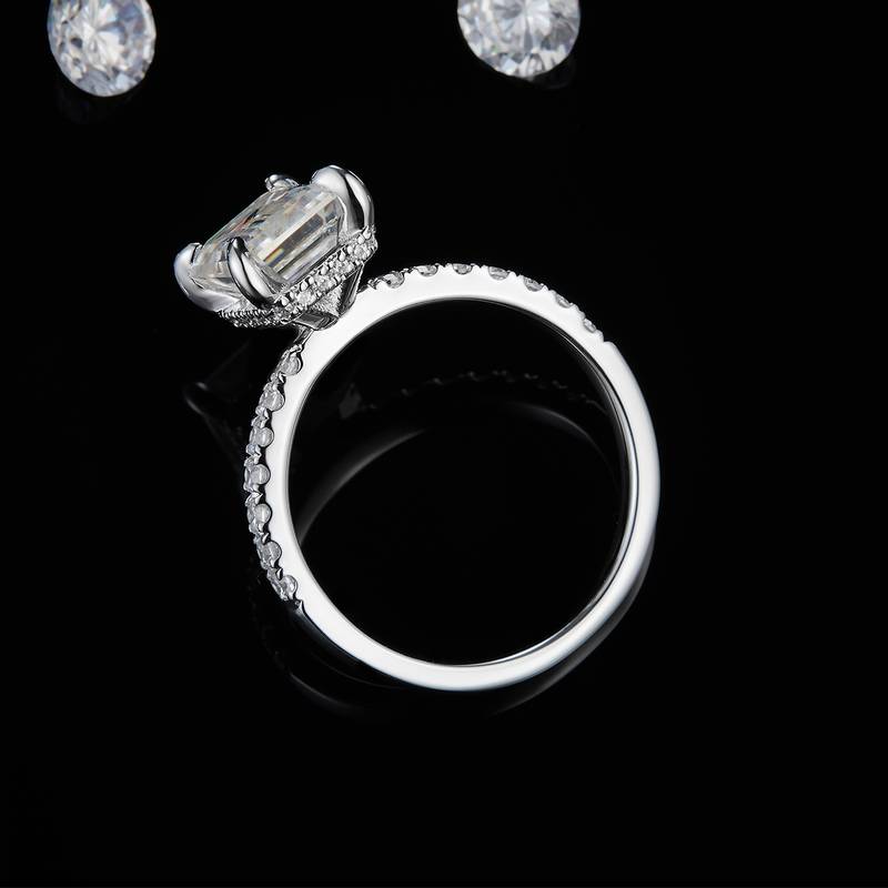 直臂微镶长方钻女戒S925银镀白金定制选款主石莫桑钻3.0ct/副石高碳钻