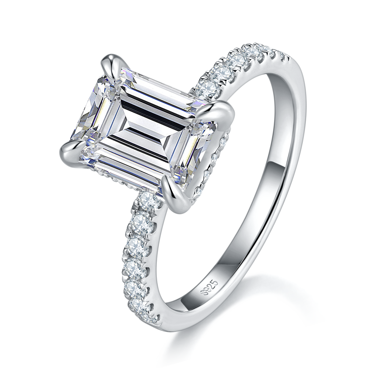 直臂微镶长方钻女戒S925银镀白金定制选款主石莫桑钻3.0ct/副石高碳钻