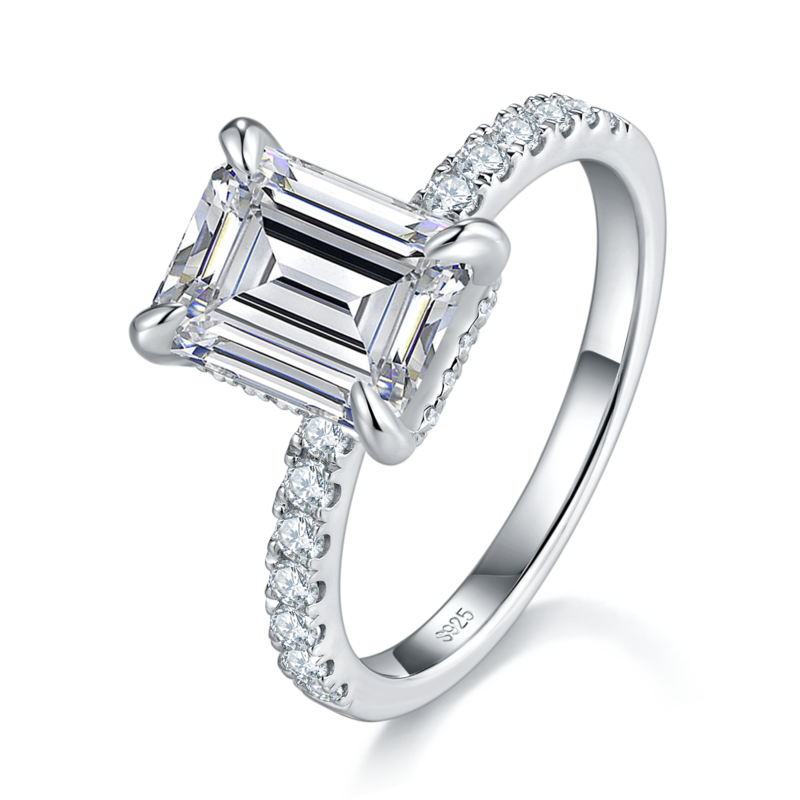 直臂微镶长方钻女戒S925银镀白金定制选款主石莫桑钻3.0ct/副石高碳钻