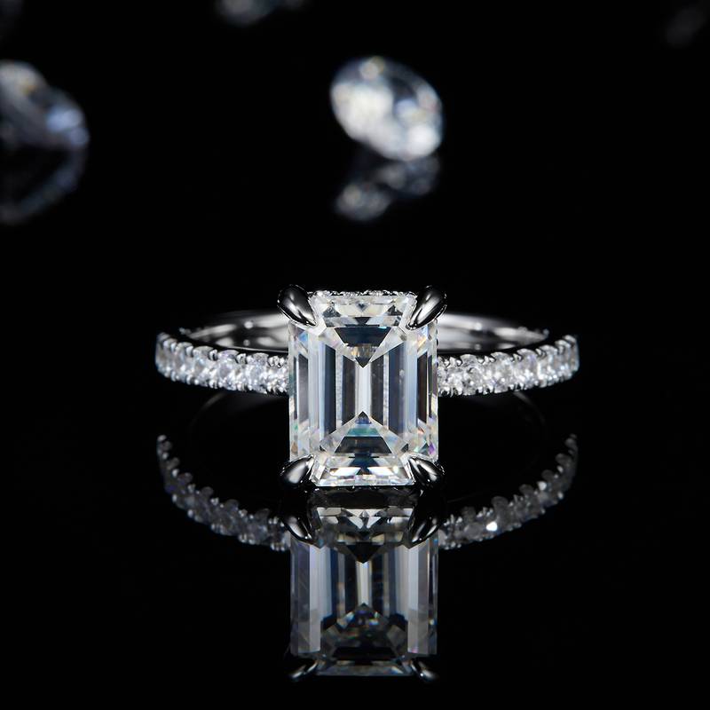 直臂微镶长方钻女戒S925银镀白金定制选款主石莫桑钻3.0ct/副石高碳钻
