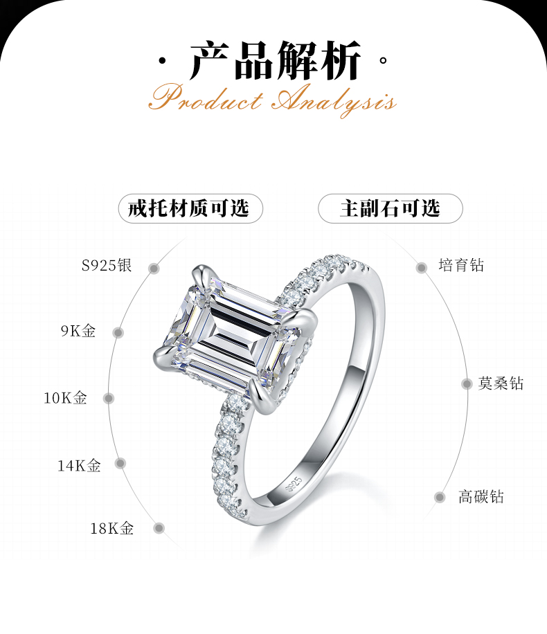 直臂微镶长方钻女戒S925银镀白金定制选款主石莫桑钻3.0ct/副石高碳钻 - 2