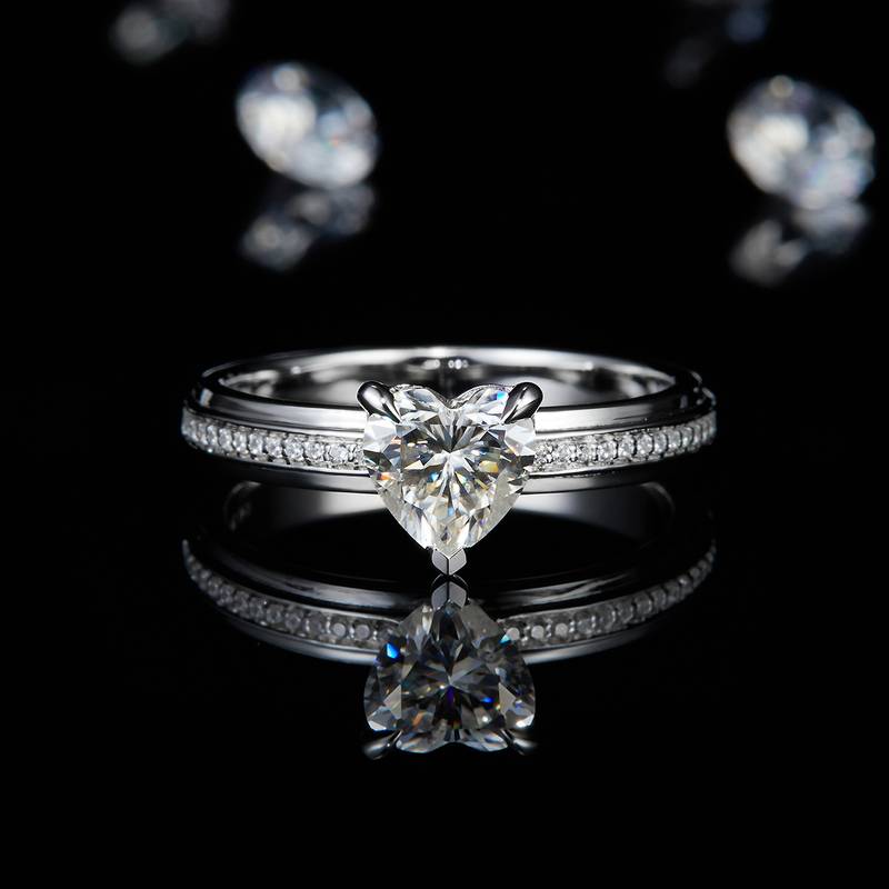 三排微镶心形钻Women's RingS925银镀白金定制选款主石Moissanite1.0ct/副石高碳钻