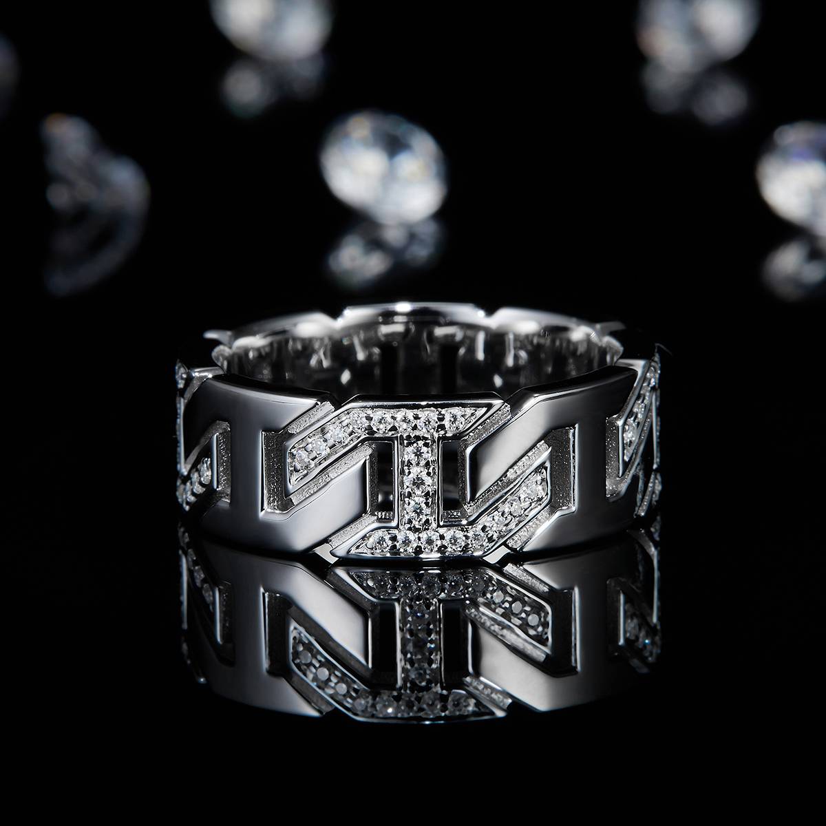 Hip hop Chain Ring Women's Ring S925 Silver Plated Platinum Customized Selection Side Stone Moissanite 0.33ct