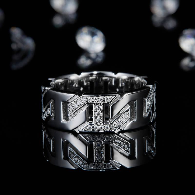 嘻哈链条排戒女戒S925银镀白金定制选款副石莫桑钻0.33ct