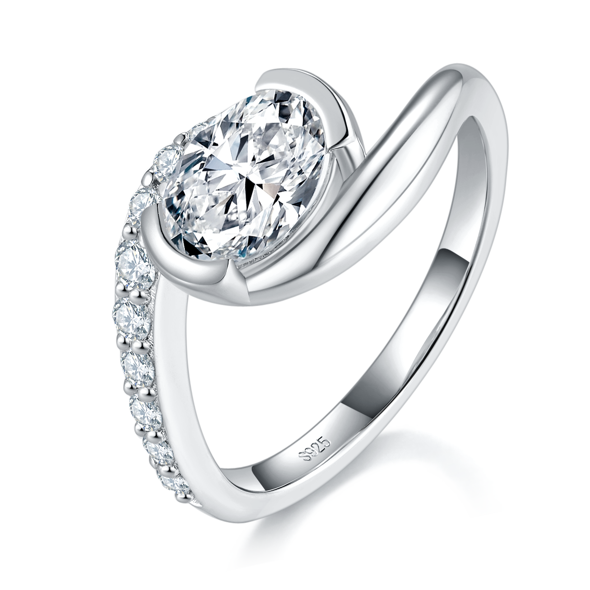 扭臂微镶蛋形女戒S925银镀白金定制选款主石莫桑钻1.5ct/副石高碳钻