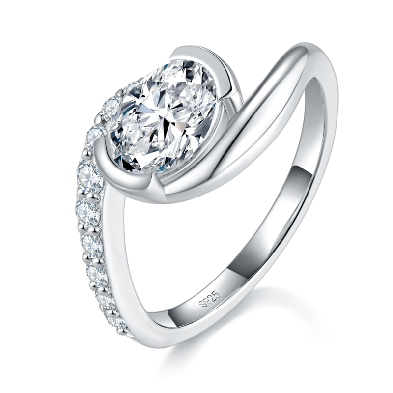 扭臂微镶蛋形Women's RingS925银镀白金定制选款主石Moissanite1.5ct/副石高碳钻
