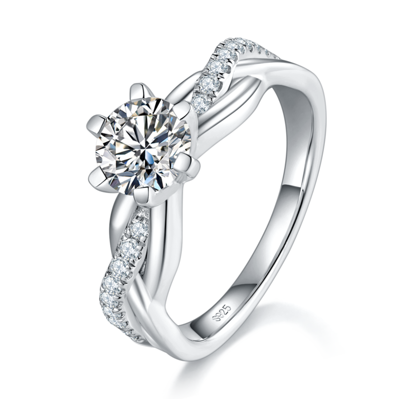 扭臂交叉高端女戒S925银镀白金定制选款主石莫桑钻1.0ct/副石高碳钻