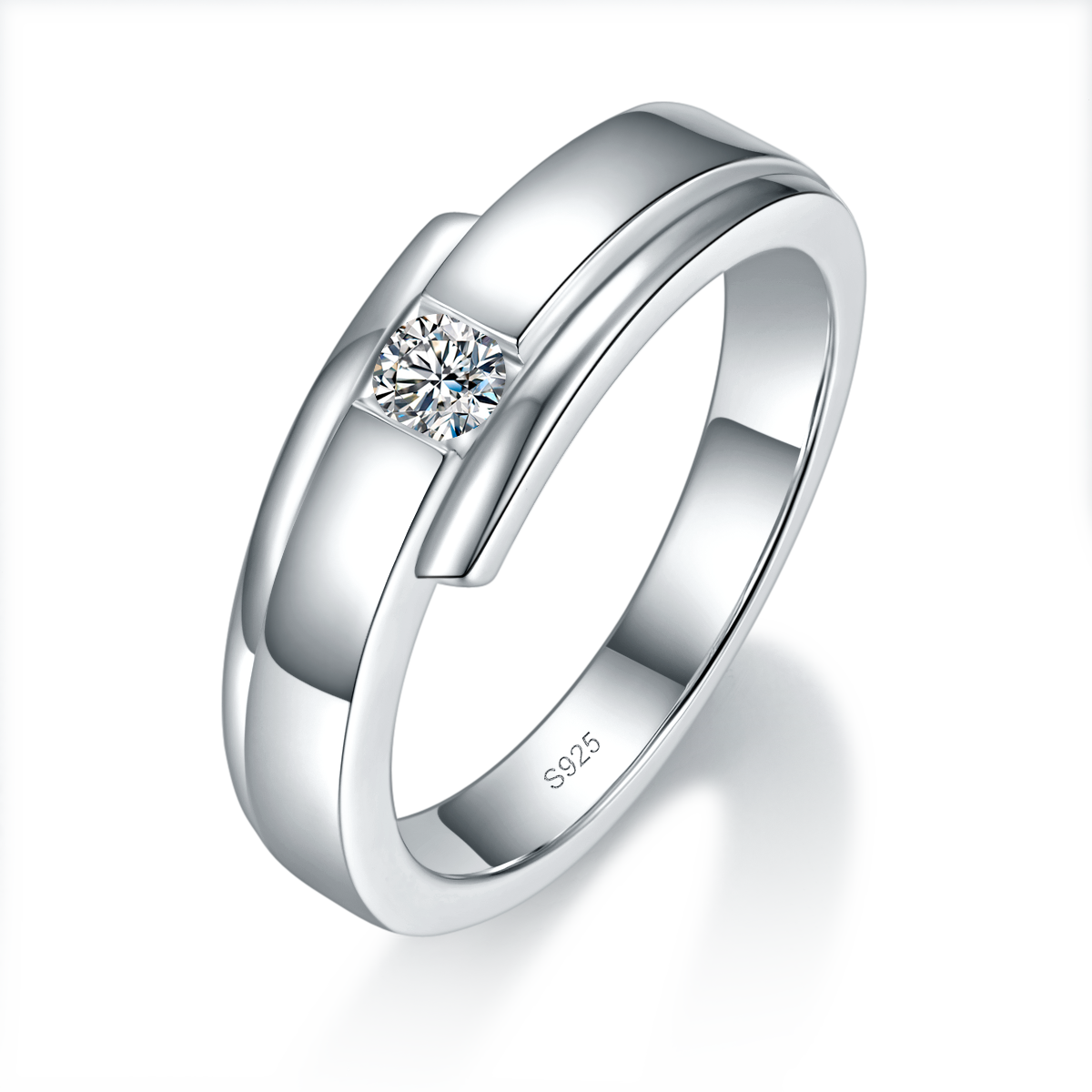 情侣对戒S925银镀白金定制选款副石莫桑钻0.39ct