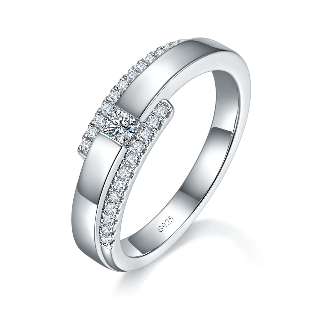 情侣对戒S925银镀白金定制选款副石莫桑钻0.39ct