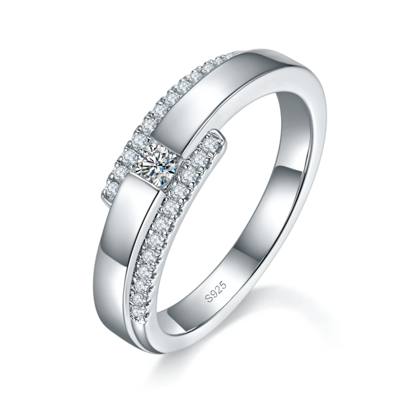 情侣对戒S925银镀白金定制选款副石莫桑钻0.39ct