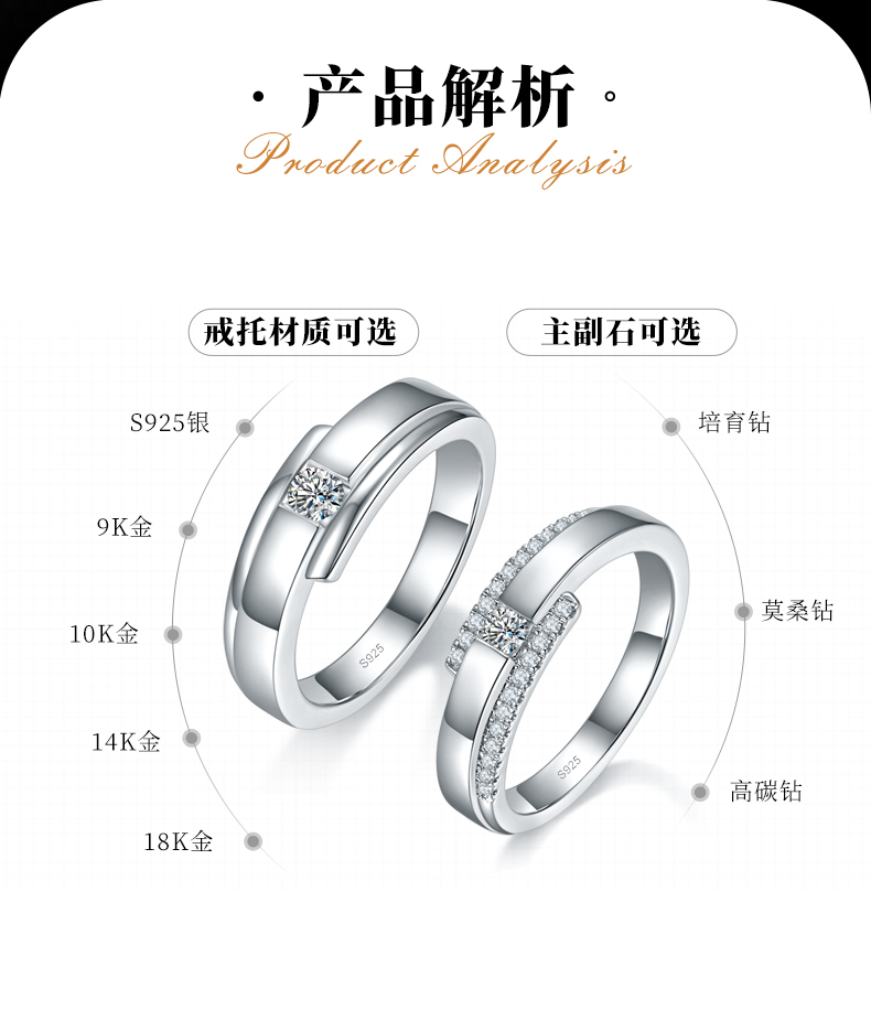 情侣对戒S925银镀白金定制选款副石莫桑钻0.39ct - 2