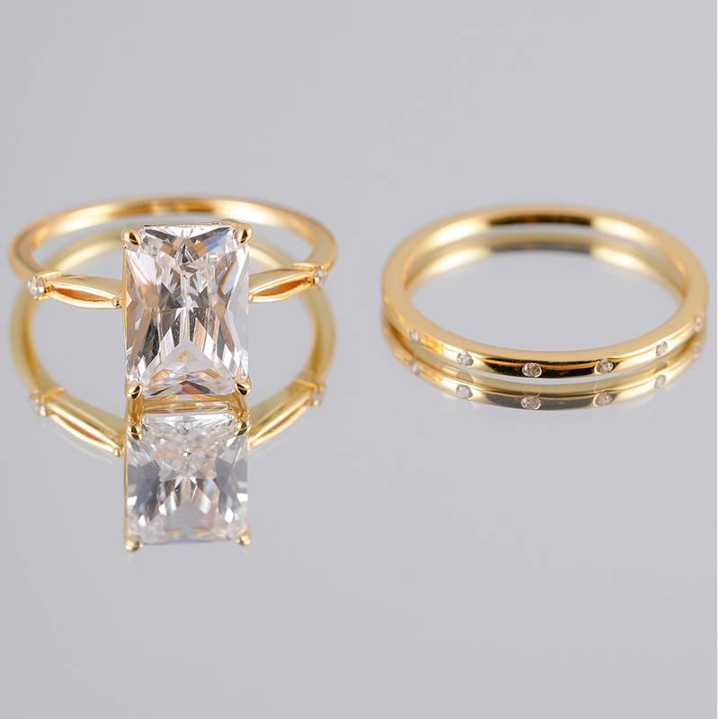 MR0084款S925银镀18K黄金祖母绿切割Moissanite简约套戒主石10*7mmmm/3.5ct