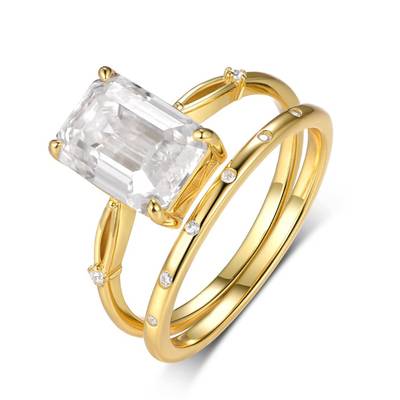 MR0084 Bridal Set S925 Silver Plated 18Yellow Gold Emerald Cut Moissanite Minimalist Set Main Stone 10 * 7mm/3.5CT