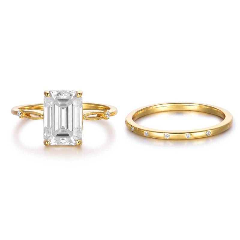 MR0084款S925银镀18K黄金祖母绿切割Moissanite简约套戒主石10*7mmmm/3.5ct