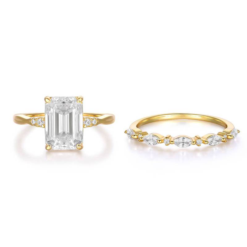 MR0085款S925银镀18K黄金祖母绿切割MoissaniteExquisite套戒主石10*7mmmm/3.5ct