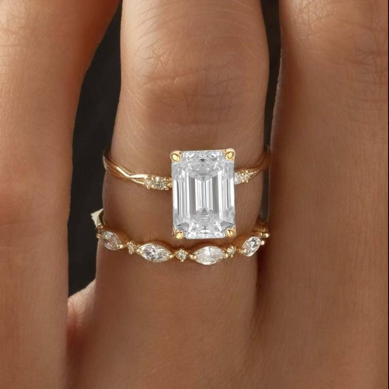 MR0085款S925银镀18K黄金祖母绿切割MoissaniteExquisite套戒主石10*7mmmm/3.5ct