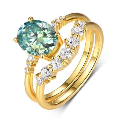 MR0088 Bridal Set S925 Silver Plated 18Yellow Gold Blue Green OvalMoissanite Set Main Stone 9 * 7mm/2.0CT