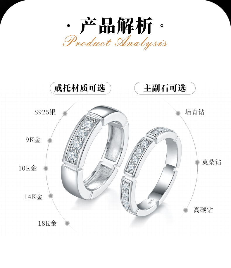 情侣对戒S925银镀白金定制选款莫桑钻0.62ct - 2
