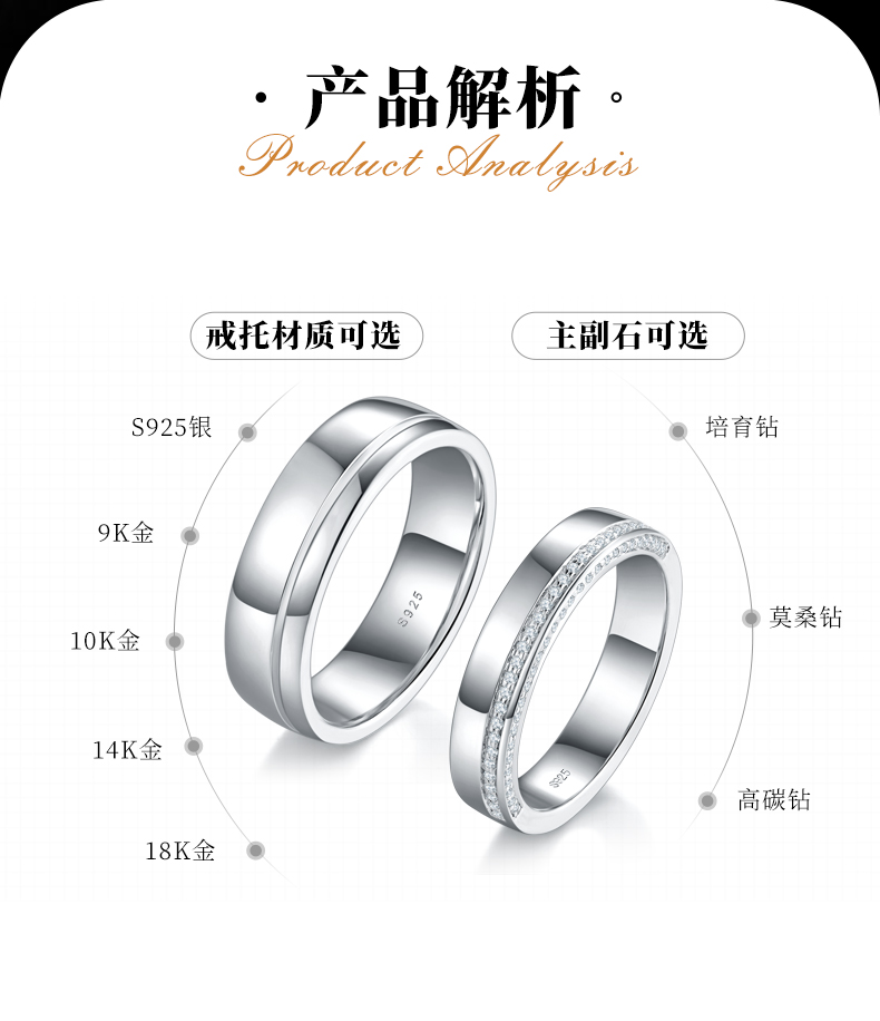 情侣对戒S925银镀白金定制选款莫桑钻0.18ct - 2