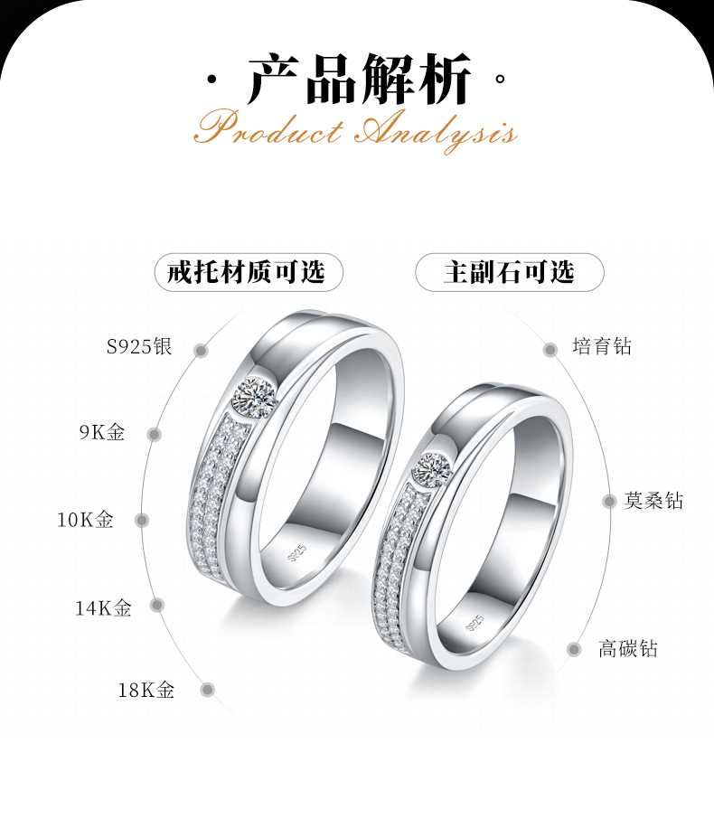 情侣对戒S925银镀白金定制选款副石莫桑钻0.45ct - 2