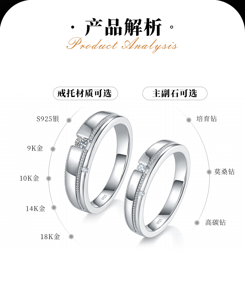情侣对戒S925银镀白金定制选款莫桑钻0.1ct - 2
