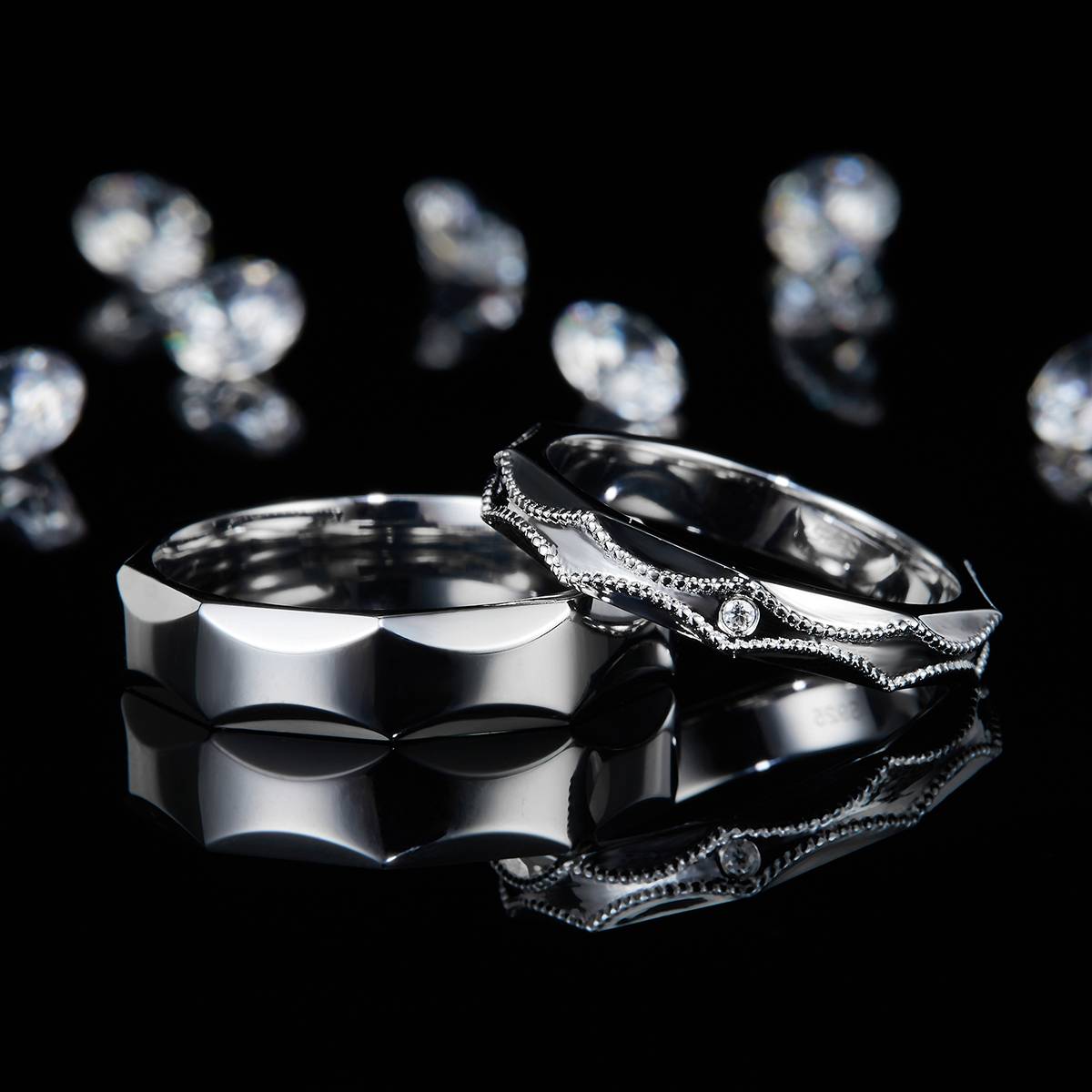 情侣对戒S925银镀白金定制选款副石莫桑钻0.01ct