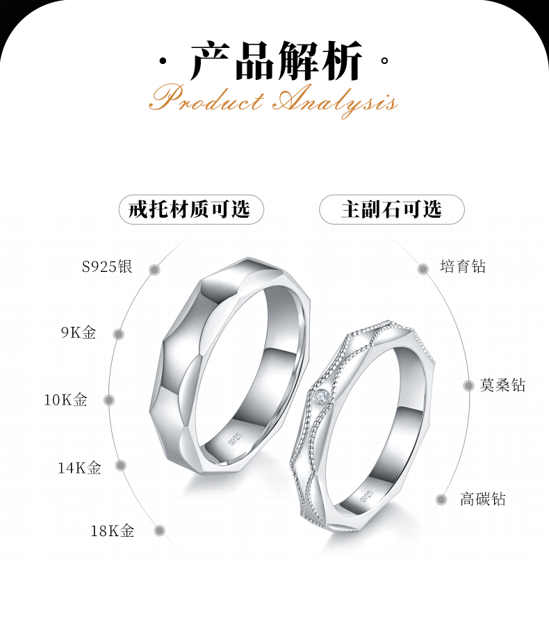 情侣对戒S925银镀白金定制选款副石莫桑钻0.01ct - 2