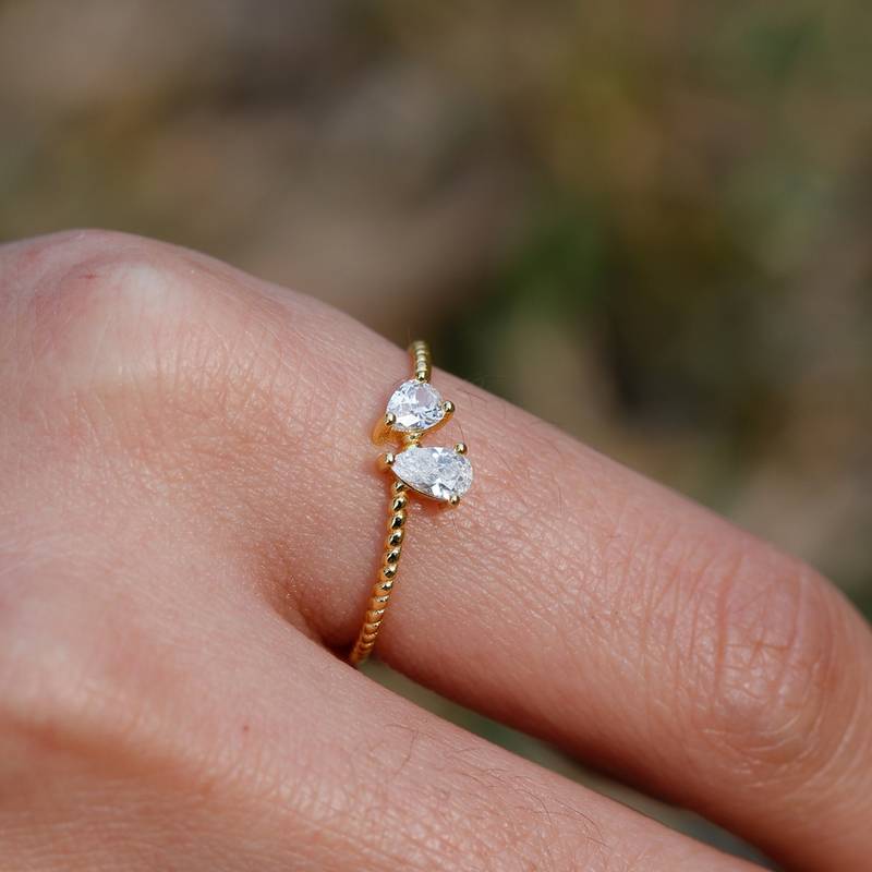 MR0098款S925银镀18K黄金水滴形Moissanite扭绳双石款Women's Ring0.65ct