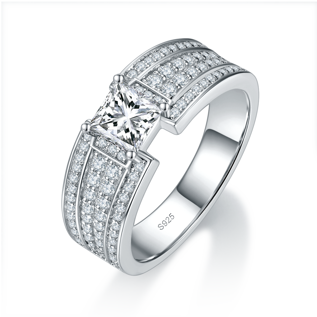 公主方钻男戒S925银镀白金定制选款主石莫桑钻0.8ct/副石高碳钻