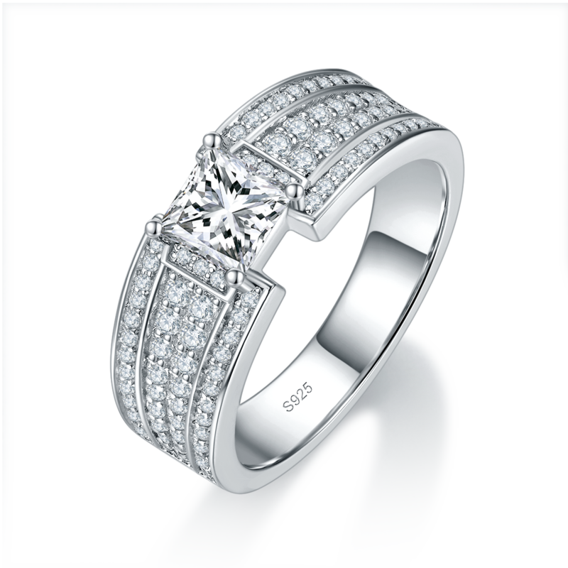 公主方钻Men's RingS925银镀白金定制选款主石Moissanite0.8ct/副石高碳钻