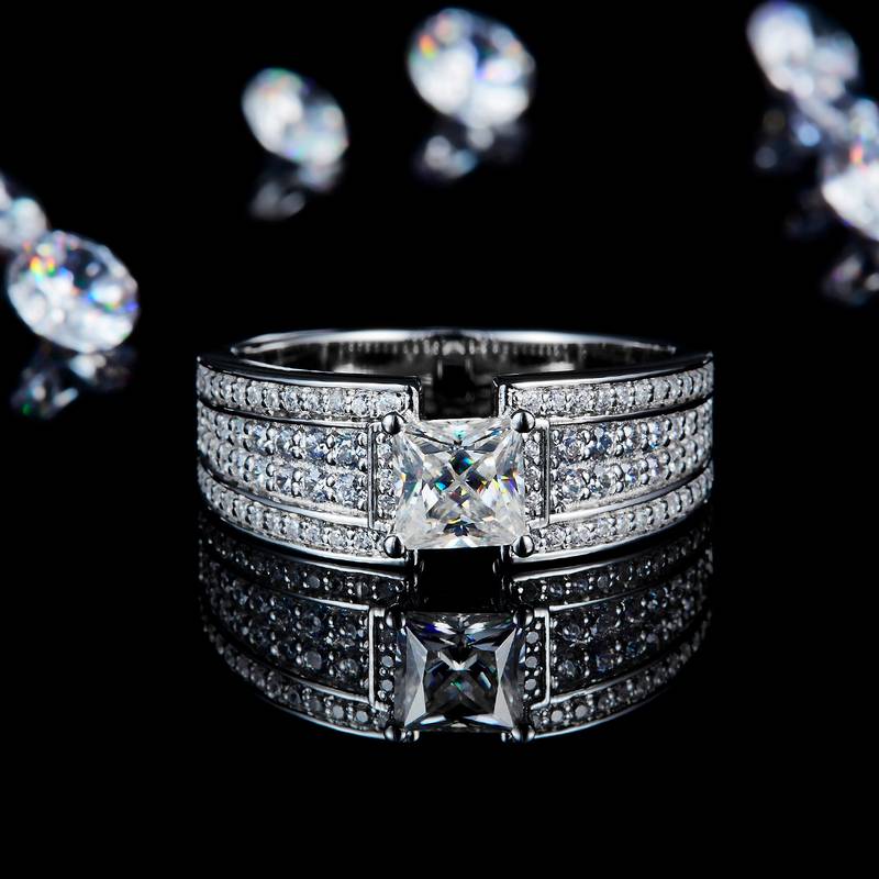 公主方钻Men's RingS925银镀白金定制选款主石Moissanite0.8ct/副石高碳钻