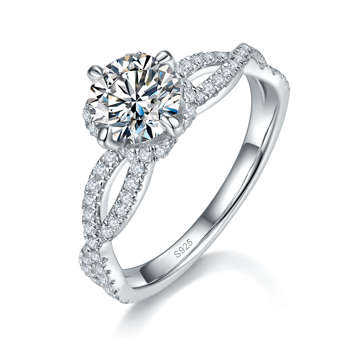 扭臂交叉高端女戒S925银镀白金定制选款主石莫桑钻1.0ct/副石高碳钻