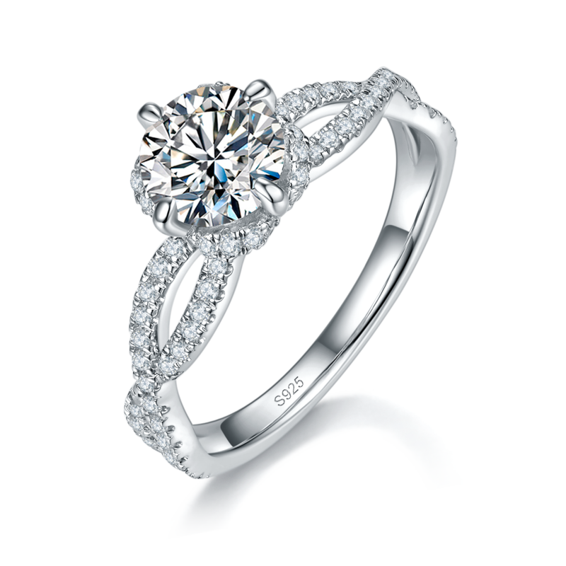 扭臂交叉高端Women's RingS925银镀白金定制选款主石Moissanite1.0ct/副石高碳钻