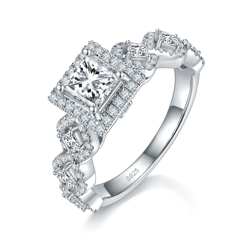 扭臂公主方钻Women's RingS925银镀白金定制选款主石Moissanite1.0ct/副石高碳钻
