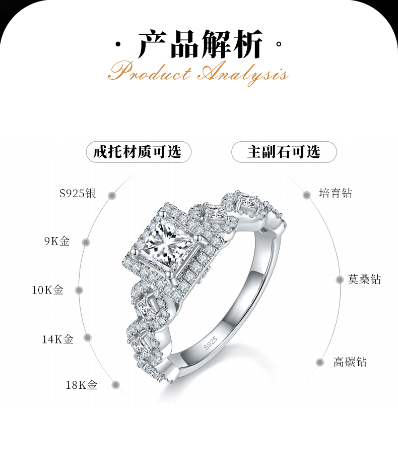 扭臂公主方钻女戒S925银镀白金定制选款主石莫桑钻1.0ct/副石高碳钻 - 2