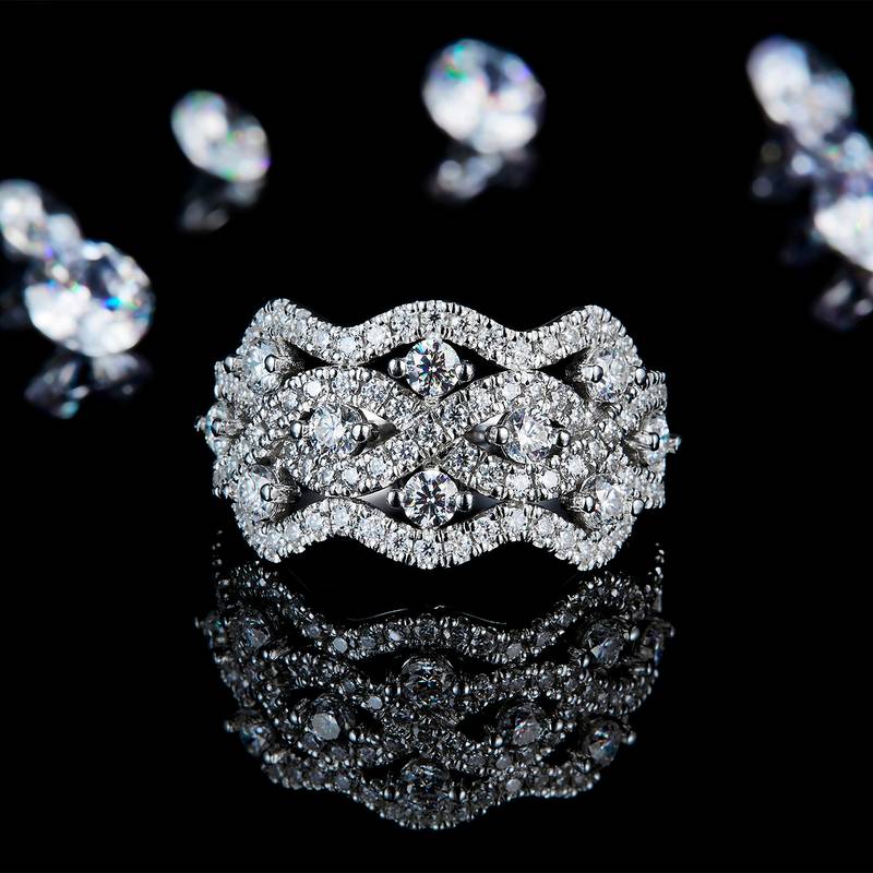 满钻镂空排戒Women's RingS925银镀白金定制选款副石Moissanite1.36ct